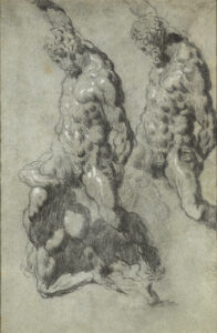 Tintoretto, Two Studies of Samson Slaying the Philistines Black chalk, heightened with wetted white chalk, on blue paper, 11.2 x 17.4 in The Morgan Library & Museum, New York