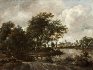 Meindert Hobbema, Landscape with Anglers and a Distant Town, c 1664-1665 Oil on panel, 9.9 x 12.2 in Los Angeles County Museum of Art