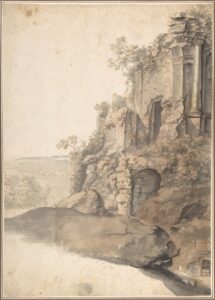 Cornelis van Poelenburgh, Landscape with Roman Ruins, 1609–67 Pen and brown ink, brush and brown, green and gray wash over faint traces of black chalk, 11 3/16 x 8 in Metropolitan Museum of Art, New York