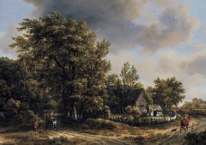 Meindert Hobbema, Wooded Landscape with Travellers, second half 17th century Oil on panel, 24 x 34.2 in Private collection