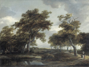 Meindert Hobbema, Mountain Landscape with Travellers and a Pond, 1659 Oil on panel, 21.4 x 27.9 in Private collection