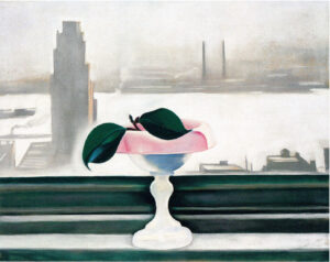 Georgia O'Keeffe, Pink Dish and Green Leaves, 1929 Pastel on board, 22 x 28 in Private Collection