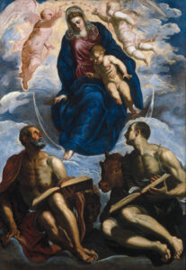 Tintoretto, Mary with the Child, Venerated by St. Marc and St. Luke, before 1570 Oil on canvas, 89.7 x 62.9 in Gemäldegalerie Berlin