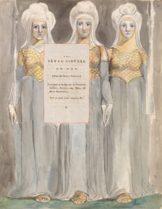 William Blake, The Poems of Thomas Gray, Design 67, "The Fatal Sisters," between 1797 and 1798 Watercolor, pen, black ink and graphite on cream-colored paper, 16.49 x 12.75 in Yale Center for British Art, New Haven, Connecticut