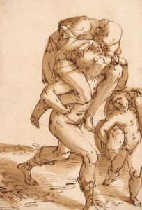 Luca Cambiaso, Flight of Aeneas, Anchises and Ascanius from Troy, 1555-60 Pen and brush and brown wash, 15.9 x 11.1 in The Hermitage, St. Petersburg