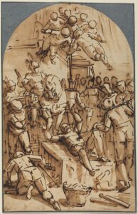 Luca Cambiaso, The Martyrdom of Saint Lawrence, 1581 Pen and brown ink with brown wash over black chalk on laid paper, laid down on blue paper, 15 1/4 x 9 5/8 in National Gallery of Art, Washington DC