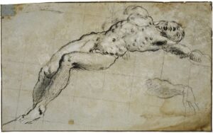 Tintoretto, Reclining Male Nude, c 1553-1555 Black chalk heightened with white, on blue paper, 10 x 16.5 in Louvre Museum, Paris