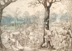 Bernard van Orley, Sharing Out the Game, 1528-30 Pen, brown ink with wash, 15.2 x 21.4 in Szépmûvészeti Múzeum, Budapest