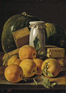 Luis Egidio Meléndez, Still Life with Oranges, Honey-Jar, Boxes of Sweetmeats, and Watermelons, circa 1760 Oil on canvas, 19 x 13.5 in Museo del Prado, Madrid