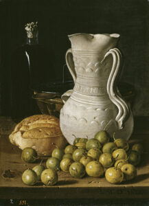 Luis Egidio Meléndez, Still Life with Small Pears, Bread, Flask, Bowl, and Dry Leaves, 1760 Oil on canvas, 18.8 x 13.6 in Museo del Prado, Madrid