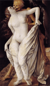 Hans Baldung, Death and the Maiden, between 1518 and 1520 Tempera on lime panel, 12.2 x 7.4 in Kunstmuseum Basel