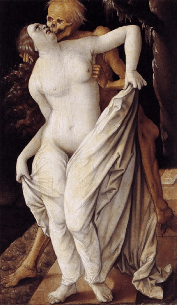Hans Baldung, Death and the Maiden, between 1518 and 1520 Tempera on lime panel, 12.2 x 7.4 in Kunstmuseum Basel