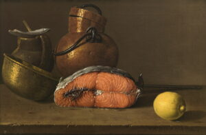 Luis Egidio Meléndez, Still Life with Salmon, Lemon and Three Vessels, 1772 Oil on canvas, 16.1 in x 24.4 in Museo del Prado, Madrid