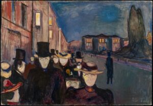 Edvard Munch, Evening on Karl Johan, 1892 Oil on canvas, 33.2 x 47.6 in Art Museums of Bergen, Norway