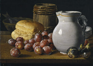 Luis Egidio Meléndez, Still Life with Plums Figs Bread Barrel Jug and Other Vessels, 18th century Oil on canvas, 13.7 x 18.8 in Museo del Prado, Madrid