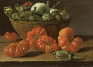Luis Egidio Meléndez, Still Life with Tomatoes, a Bowl of Aubergines, and Onions, before 1780 Oil on canvas, 14.4 x 19.2 in Unidentified location
