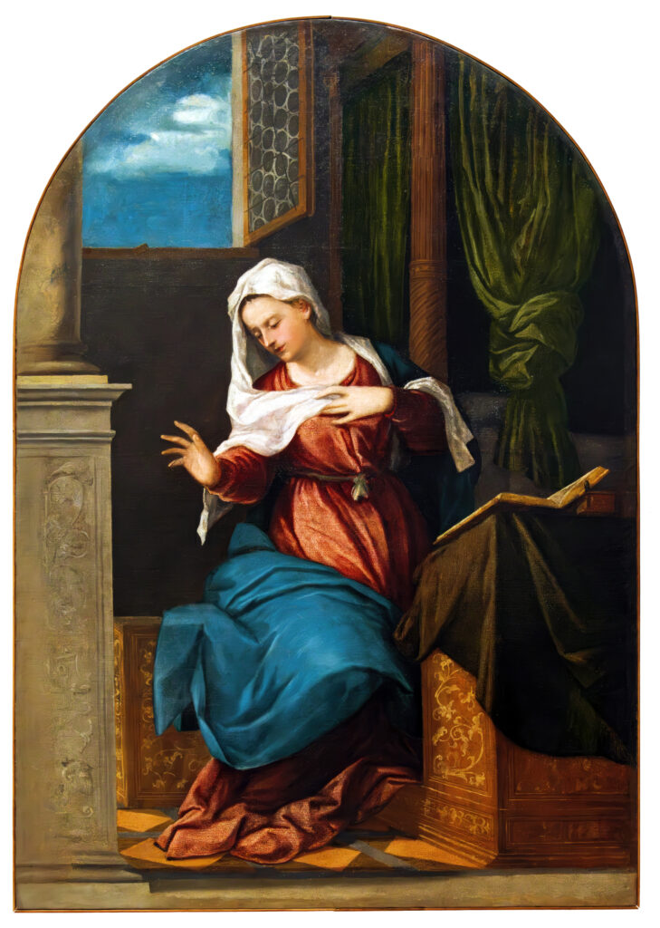 Bonifazio Veronese, Annunciation (Virgin), 1543–1544 Oil on canvas, 77.2 × 53.5 in Gallerie dell’Accademia, Venice