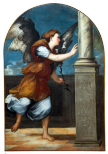 Bonifazio Veronese, Annunciation (Angel), between 1543 and 1544 Oil on canvas, 77.6 x 52.8 in Gallerie dell'Accademia, Venice