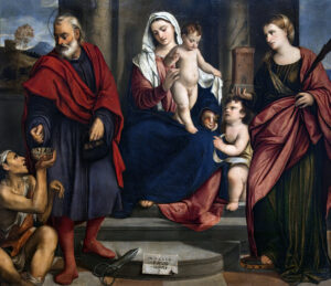 Bonifazio Veronese, Madonna with Child and Saint John the Baptist, between Saints Omobono and Barbara, 1533 Oil on canvas Gallerie dell'Accademia, Venice