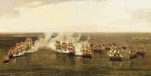 William Daniell, Action Between a Fleet of East Indiamen, Commanded by Commodore Nathaniel Dance, and a French Squadron, Commanded by Rear Admiral Comte de Linois, off Pulo Aor in the Straits of Malacca, 1804 Oil on canvas, 36.5 x 78 in Christ's Hospital, Horsham, UK
