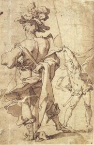 Abraham Bloemaert, Warrior and Young Standard-Bearer, first half of 17th century Pen with brown ink and brown wash on paper, 10.62 x 6.73 in Museum Mayer van den Bergh, Antwerp
