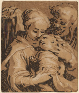 Abraham Bloemaert, The Holy Family Chiaroscuro woodcut print, 3.5 x 2.9 in National Gallery of Art, Washington DC