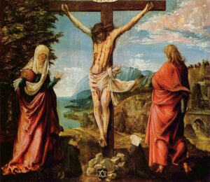 Albrecht Altdorfer, Christ on the Cross with Mary and St John, c 1512 Oil on linden wood, 45.6 x 39.9 in Gemäldegalerie Alte Meister, Kassel, Germany