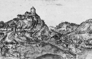 Albrecht Altdorfer, Danube Landscape with Castle Wörth, c 1522 Oil on parchment on panel, , 12 x 8.7 in Alte Pinakothek, Munich