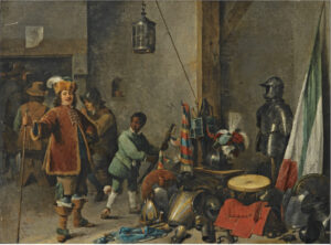 David Teniers the Younger, A Guardroom with a Self-Portrait of the Artist, 1640s Oil on copper, 19.2 x 25.5 in Private collection