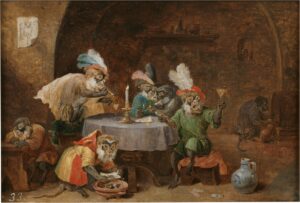 David Teniers the Younger, Smoking and Drinking Monkeys, c 1660 Oil on panel, 8.2 x 11.8 in Museo del Prado, Madrid
