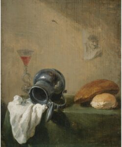 David Teniers the Younger, Still-Life With Overturned Jug, 1635 Oil on panel, 6.3 x 5.1 in Private collection