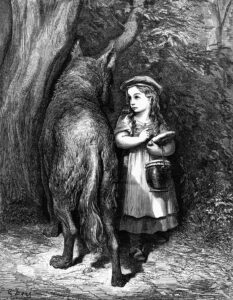 Gustave Doré, Red Riding Hood Meets Old Father Wolf Illustration from an edition of Charles Perrault's fairy tales, 1862