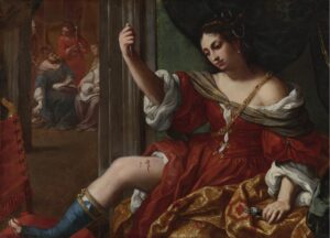 Elisabetta Sirani, Portia Wounding Her Thigh, 1664 Oil on canvas, 39.7 x 54.3 in Private collection
