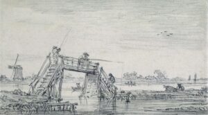 Jan Van Goyen, Footbridge with Fishermen, 1651 Chalk on paper, 4.3 x 7.7 in Groeningemuseum, Bruges, Belgium
