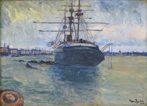 Hans von Bartels, Three-master in the Harbor Watercolor and Gouache, 13.2 x 18.3 in Private collection