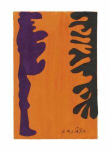 Henri Matisse, Black and Purple Arabesques on an Orange Background Oil on canvas, 15.75 x 10.4 in Private collection