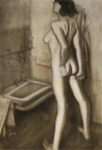 Karl Hubbuch, Nude in the Bathroom Oil on canvas laid down on board, 42 1/8 x 29½ in Private collection