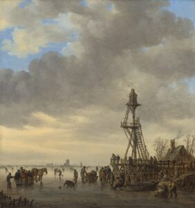 Jan Van Goyen, Ice Scene near a Wooden Observation Tower, 1646 Oil on panel, 14 3/8 × 13 1/2 in National Gallery of Art, Washington DC