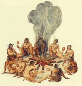 John White, Ceremony of Secotan Warriors in North Carolina, 1585 Watercolor British Museum, London