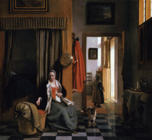 Pieter De Hooch, Mother Lacing Her Bodice beside a Cradle, 1653 - 1673 Oil on canvas, 36.2 x 39.3 in // Gemäldegalerie Berlin