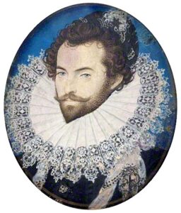 John White, Sir Walter Ralegh (Raleigh), c 1585 Watercolor on vellum mounted on board, 1.8 x 1.4 in National Portrait Gallery, London