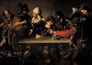 Valentin de Boulogne, Denial of Saint Peter, 1615–17 Oil on canvas, 67.7 x 94.9 in Fondazione di Studi di Storia dell'Arte Roberto Longhi, Florence