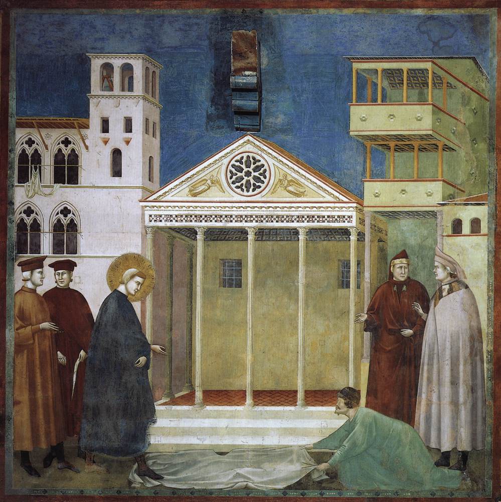 Giotto di Bondone, Legend of St Francis: Homage of a Simple Man, 1295–1299 Fresco, 106.3 × 90.6 in Basilica of Saint Francis, Assisi