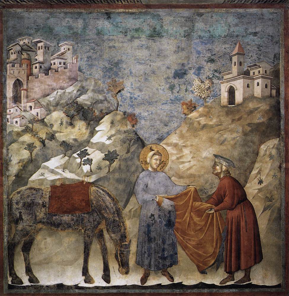 Giotto di Bondone, Legend of St Francis: St Francis Giving His Mantle to a Poor Man, 1295–1299 Fresco, 106.3 × 90.6 in Basilica of Saint Francis, Assisi