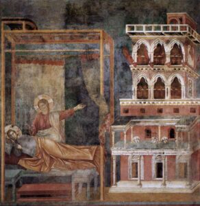 Giotto di Bondone, Legend of St Francis: Dream of the Palace, 1297-99 Fresco, 106.3 x 90.55 in Upper Church, San Francesco, Assisi