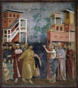 Giotto di Bondone, Legend of St Francis: Renunciation of Wordly Goods, 1297-99 Fresco, 106.3 x 90.55 in Upper Church, San Francesco, Assisi