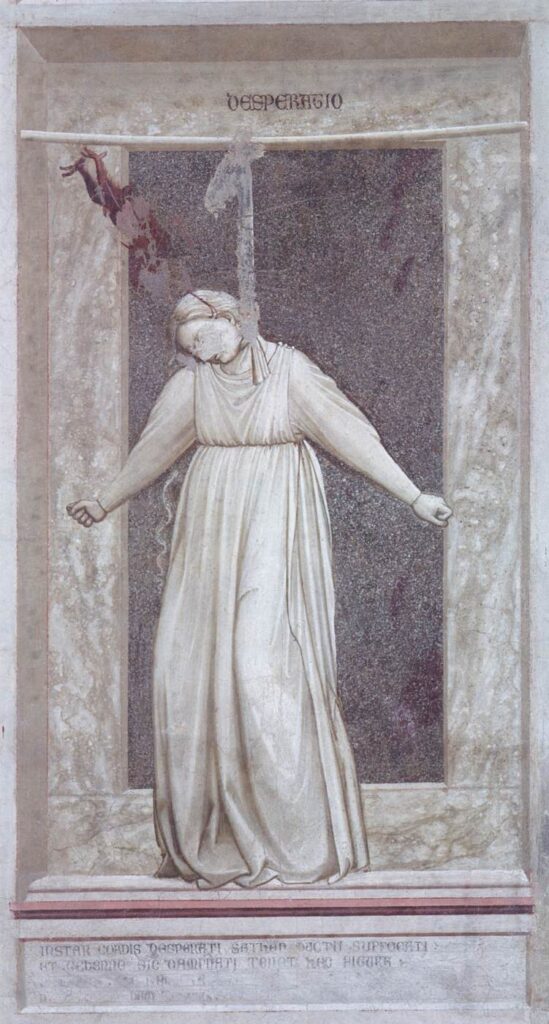 Giotto di Bondone, The Seven Vices: Desperation, c 1306 Fresco, 47.2 × 23.6 in Cappella degli Scrovegni, Padua