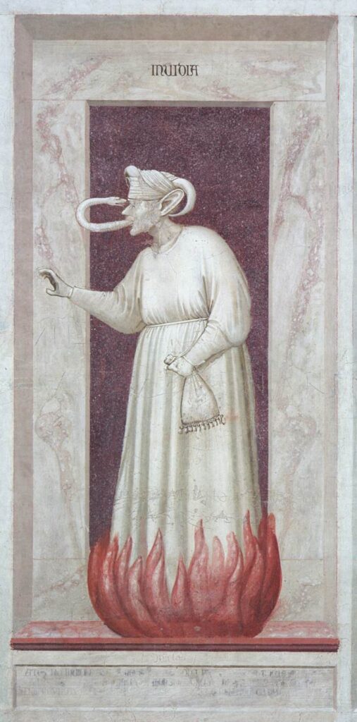 Giotto di Bondone, The Seven Vices: Envy, c 1306 Fresco, 47.2 × 23.6 in Cappella degli Scrovegni, Padua