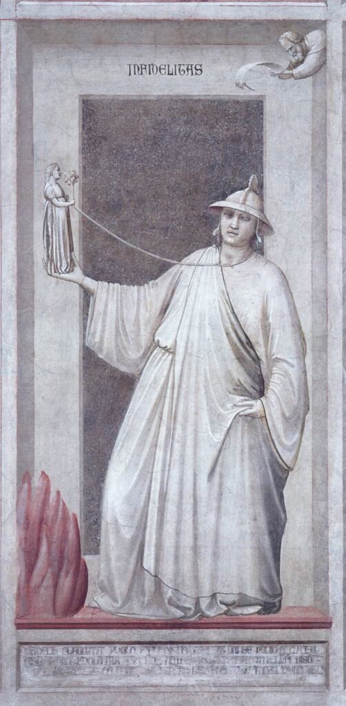 Giotto di Bondone, The Seven Vices: Infidelity, c 1306 Fresco, 47.2 × 21.7 in Cappella degli Scrovegni, Padua