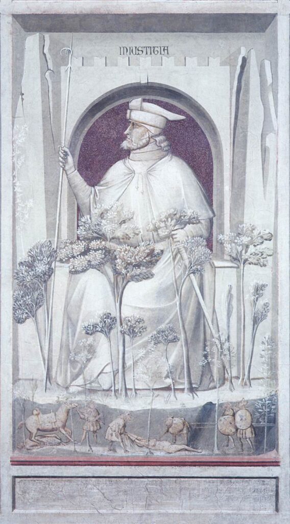 Giotto di Bondone, The Seven Vices: Injustice, c 1306 Fresco, 47.2 × 23.6 in Cappella degli Scrovegni, Padua